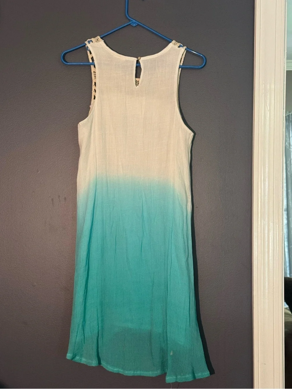Women's Crochet Yoke Ombre Swim Coverup Dress - Cream to Teal